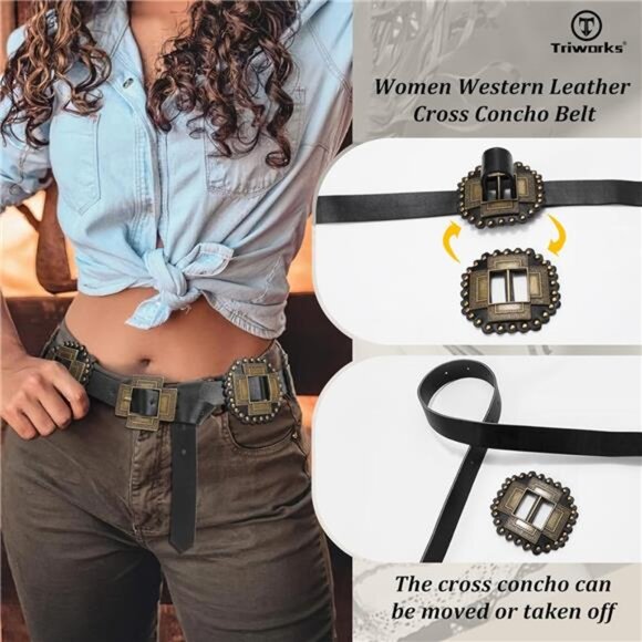 Women Western Concho Leather Belt Cowgirl Boho Belt Chunky for Dresses Concert main image 5